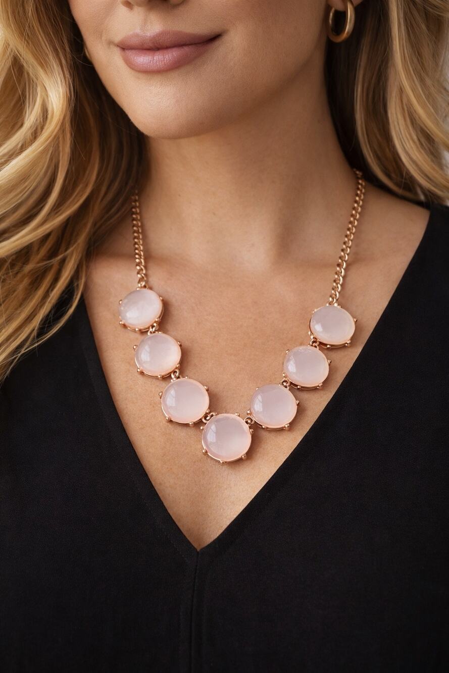 BOGO FREE Blush Pink Statement Necklace Gold Tone Cabochon Stone Bib